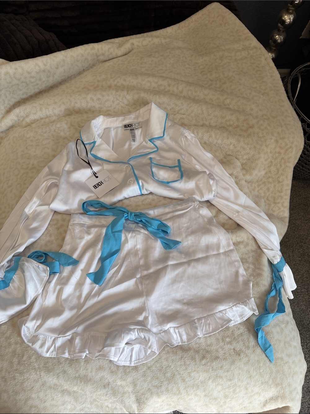 Beach Riot White Satin Pajama Set with Sky Blue Trim Ribbon